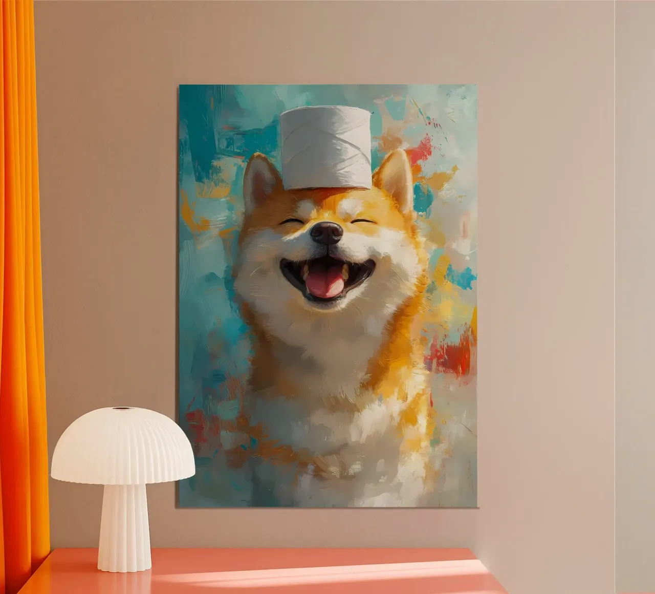 Lachende Shiba Inu met wc-papier hoed hahnemühle van Ginnery