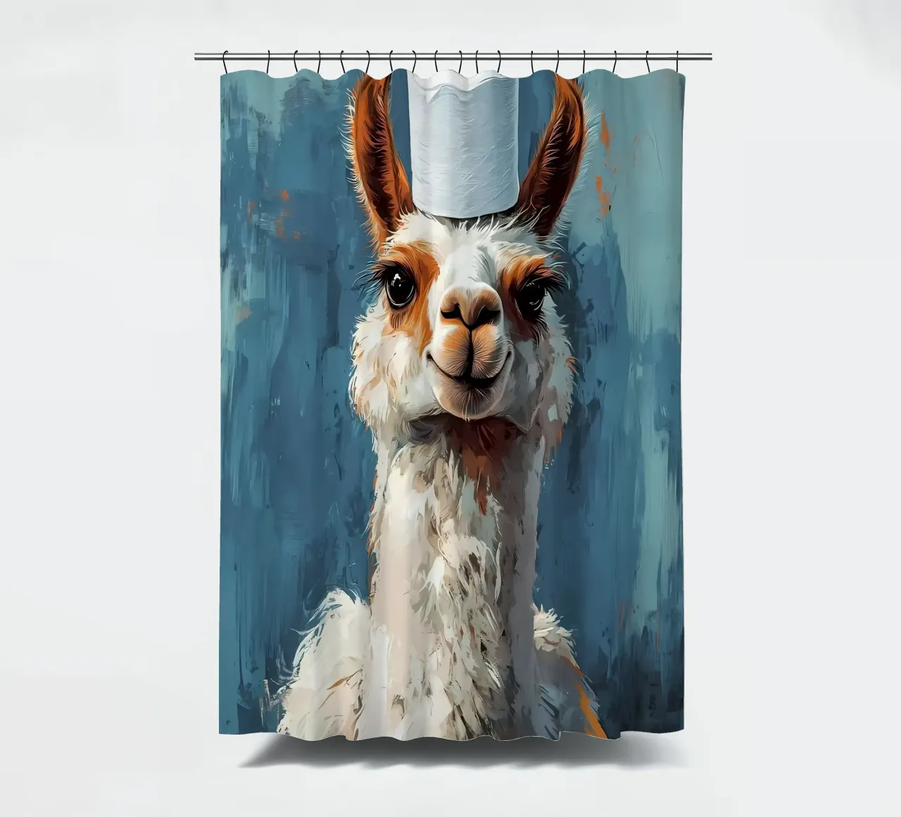 Lama met wc-hoed douchegordijn van Ginnery