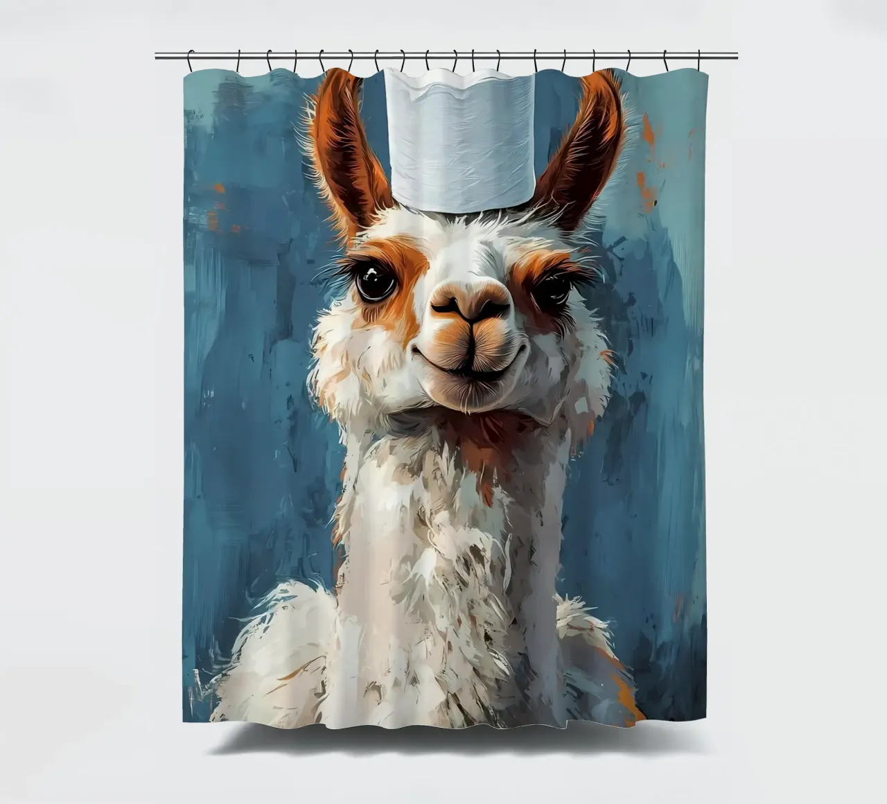 Lama met wc-hoed douchegordijn van Ginnery