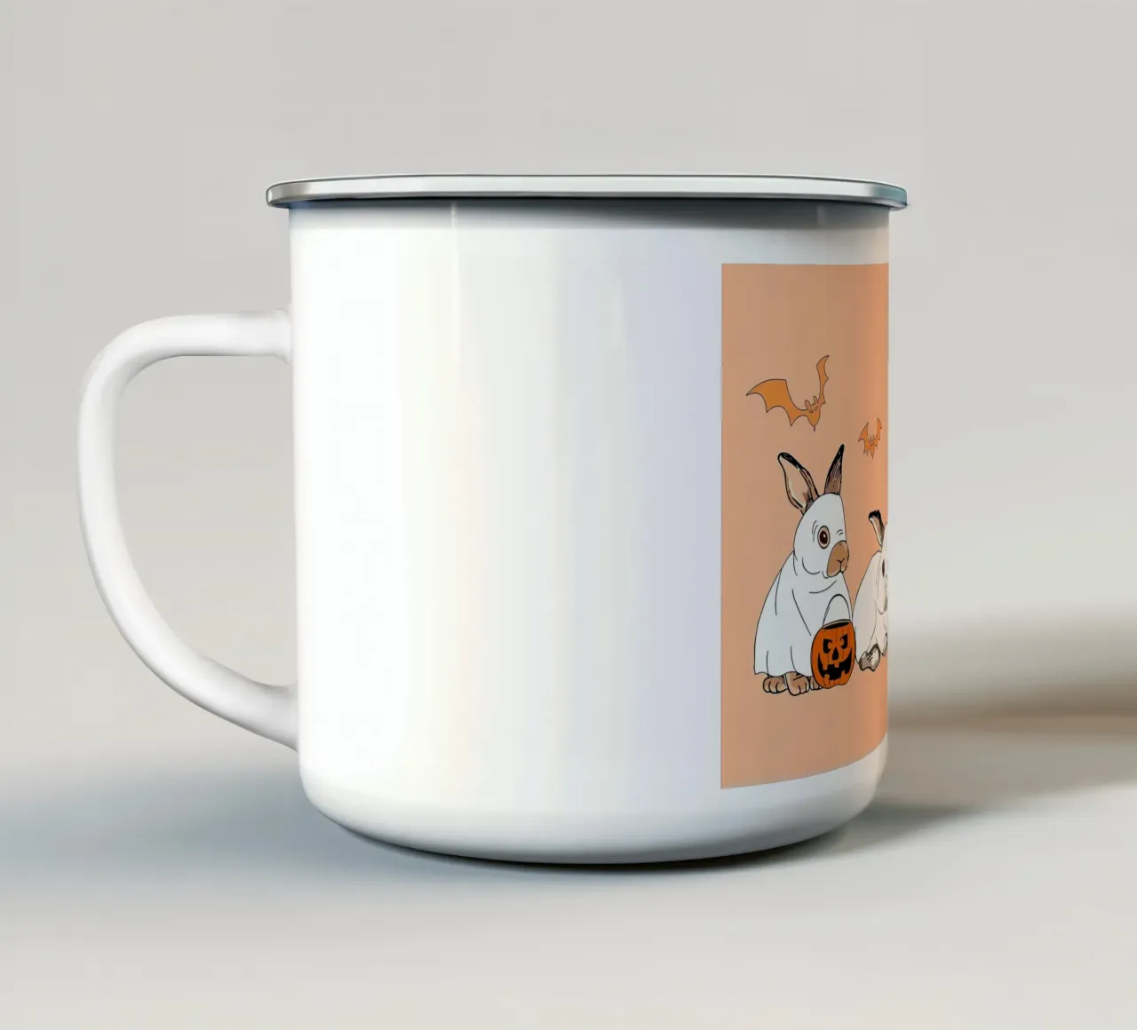 Divertente coniglio fantasma HalloweeN tazza in smalto da Delaplane