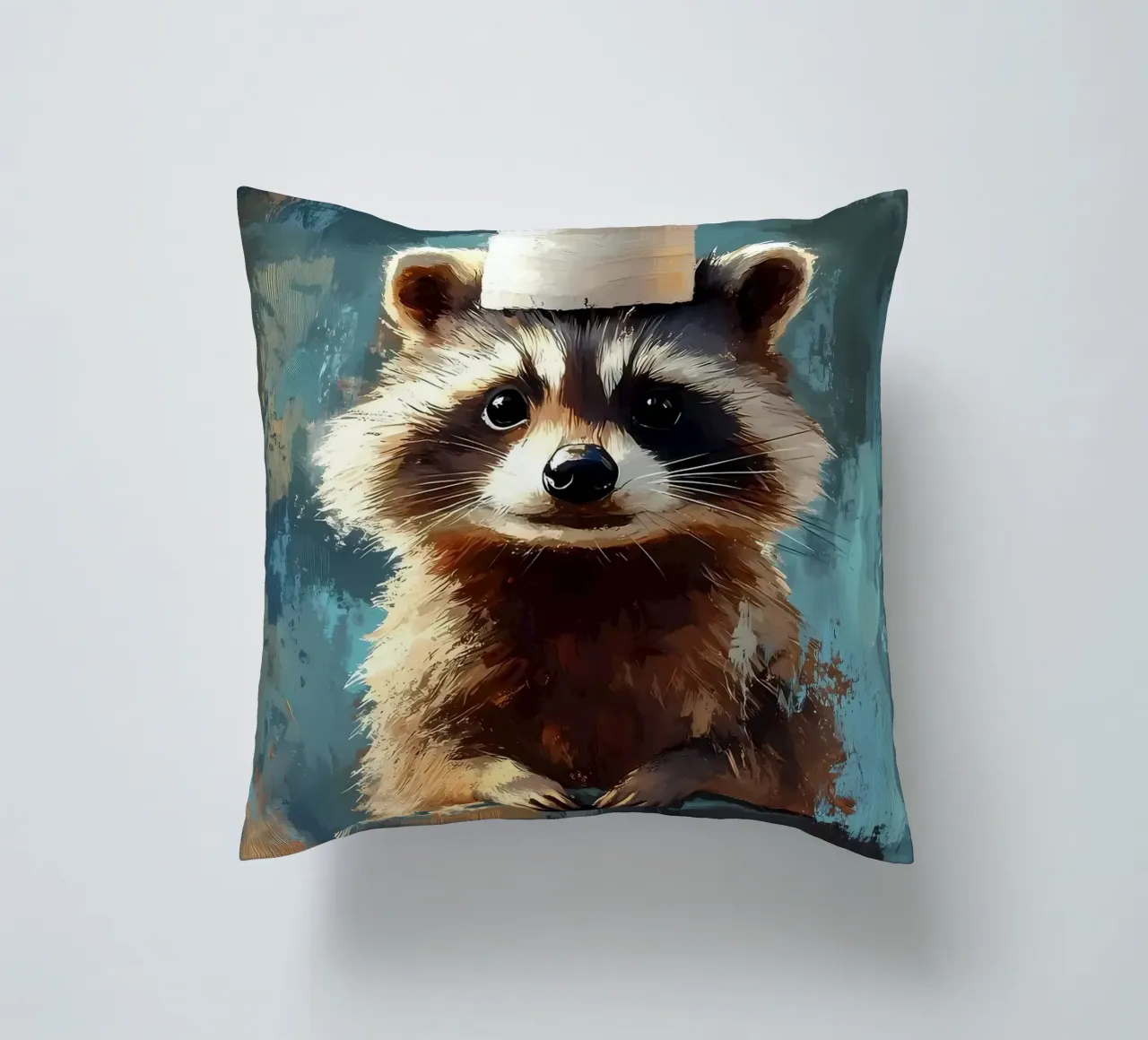 Raccoon with Toilet Paper Hat decorative cushion by Ginnery