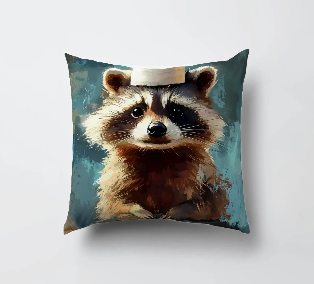 Raccoon with Toilet Paper Hat decorative cushion by Ginnery