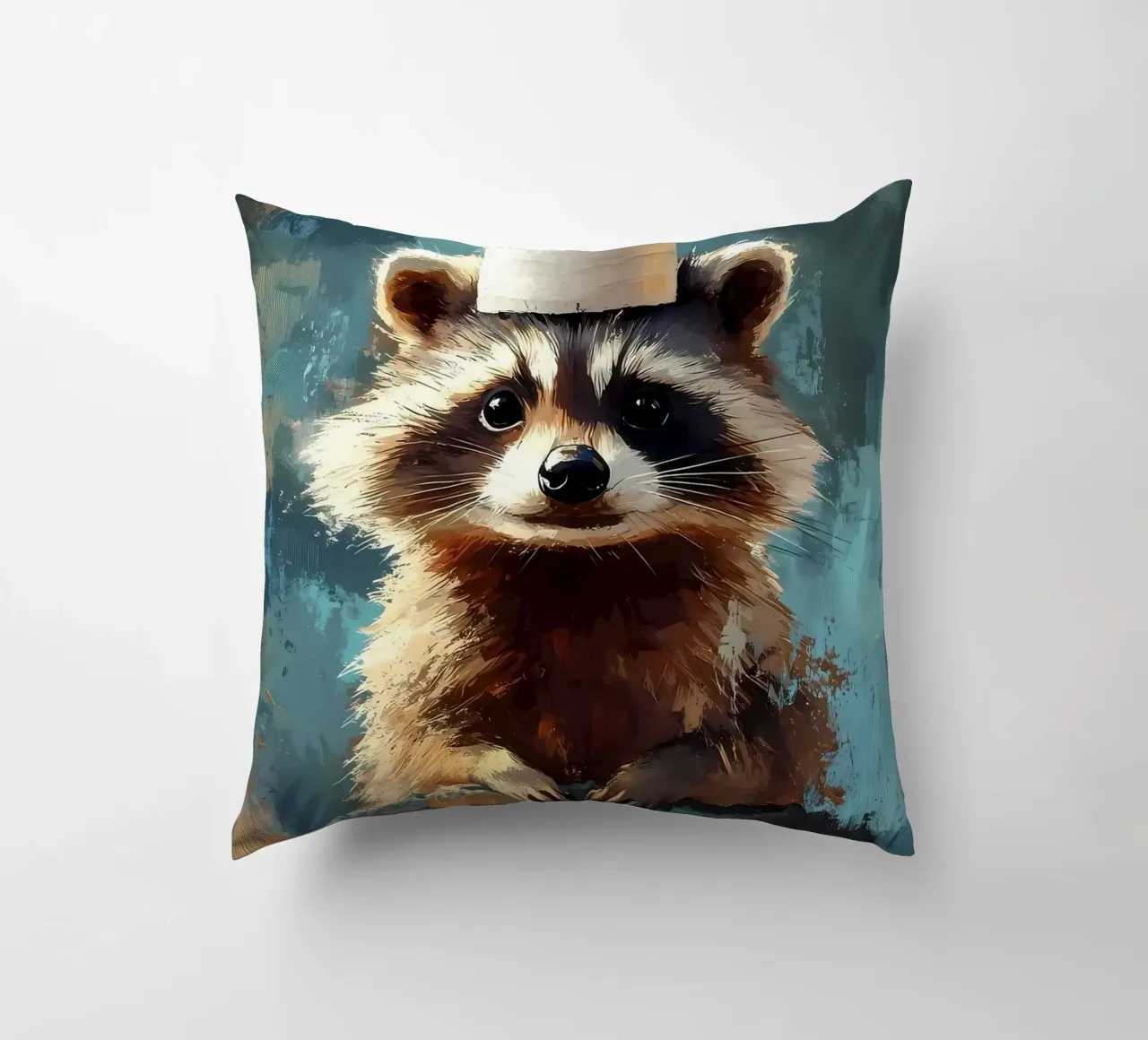 Raccoon with Toilet Paper Hat decorative cushion by Ginnery