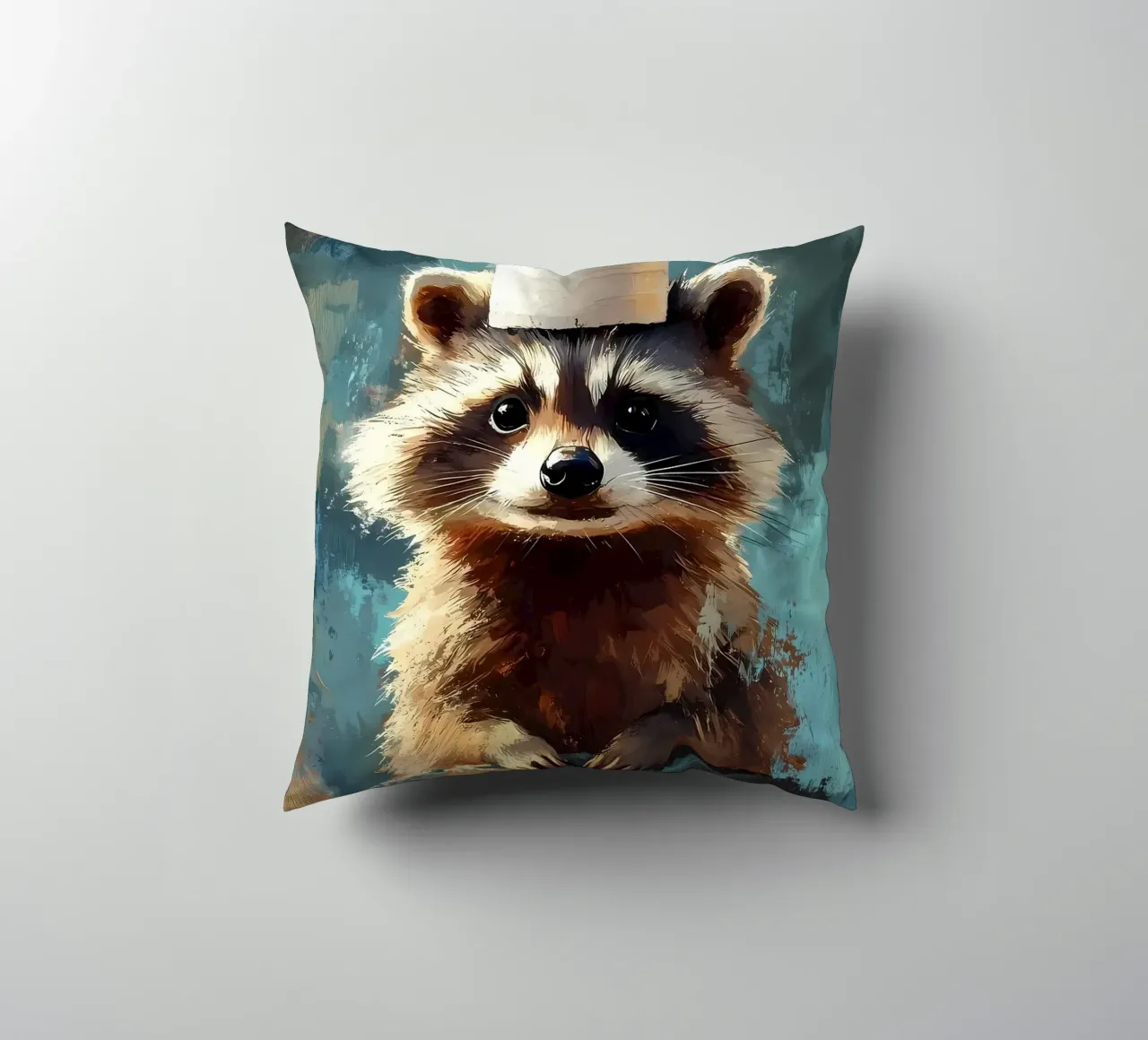 Raccoon with Toilet Paper Hat decorative cushion by Ginnery