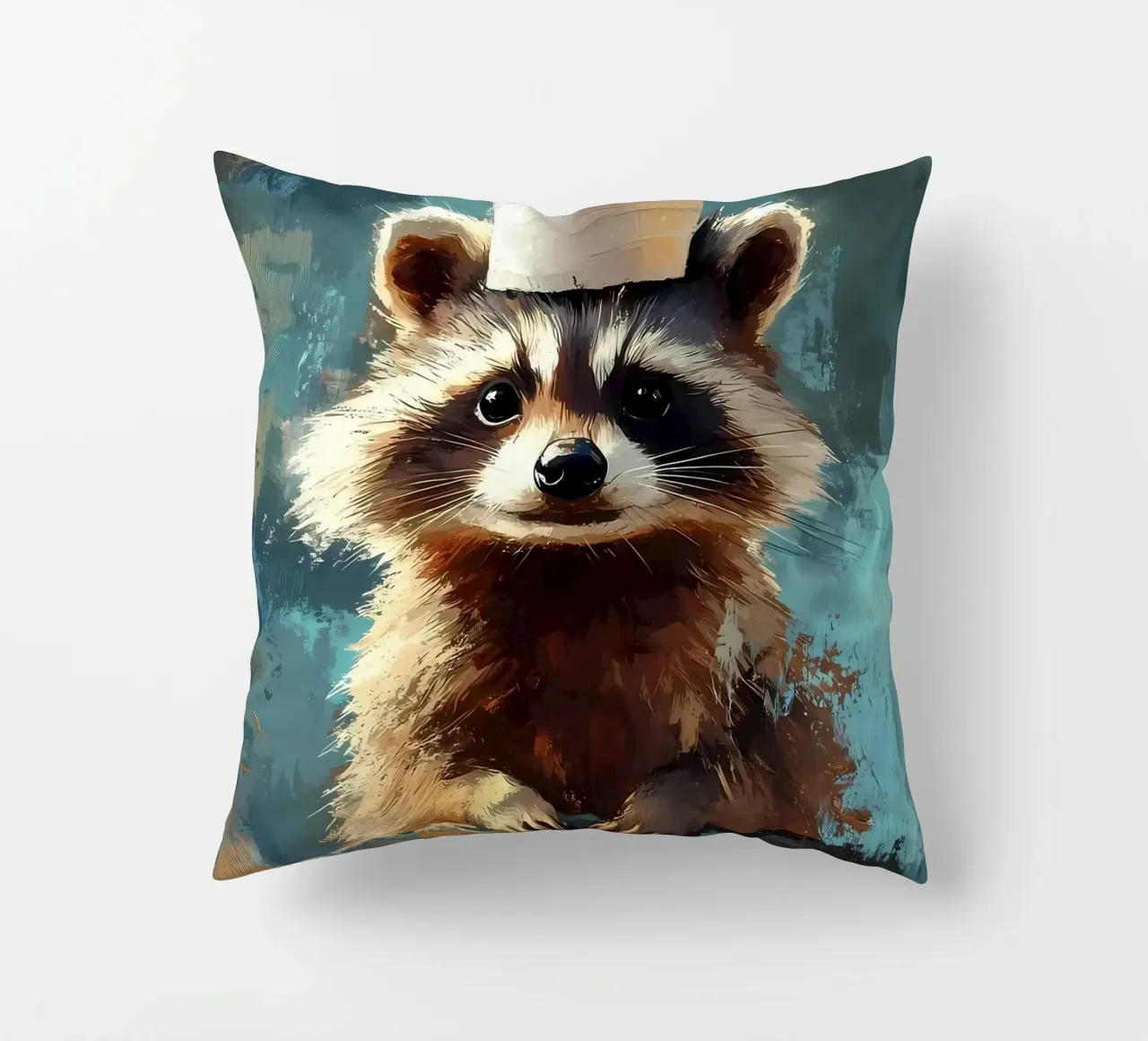 Raccoon with Toilet Paper Hat decorative cushion by Ginnery