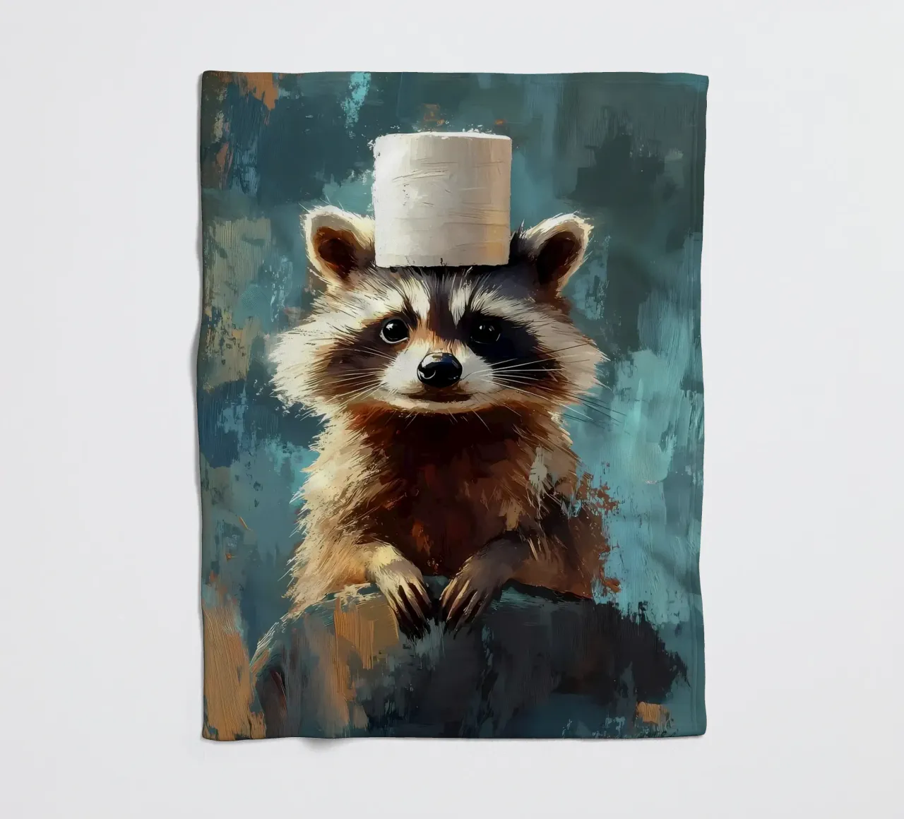 Raccoon with Toilet Paper Hat fleece blanket by Ginnery