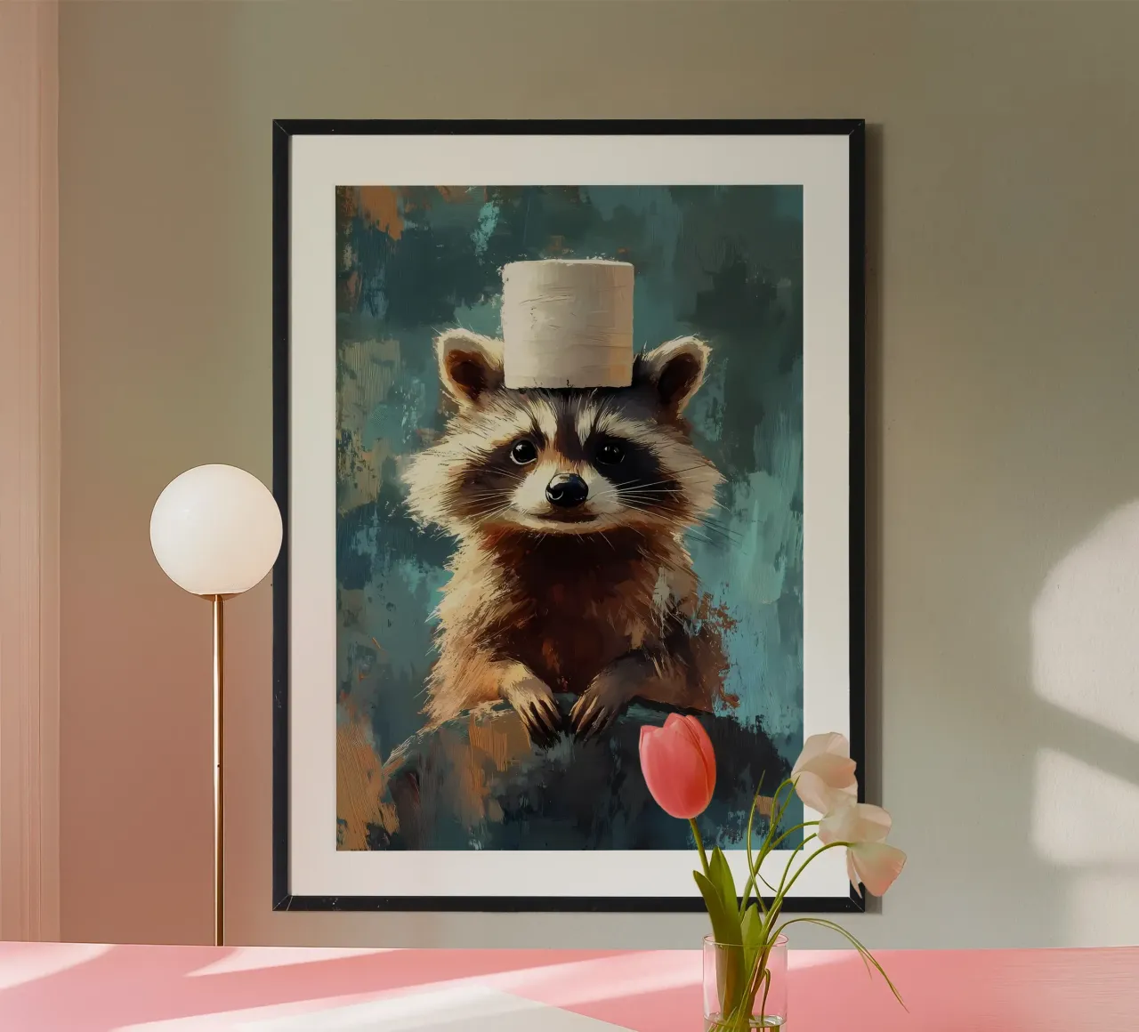 Procione con cappello di carta igienica poster da Ginnery