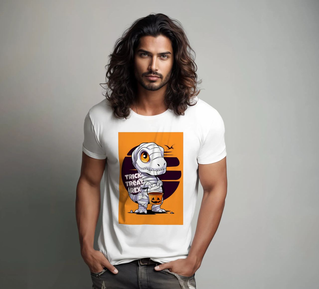 Truco o trato osaurus Rex camiseta de Delaplane