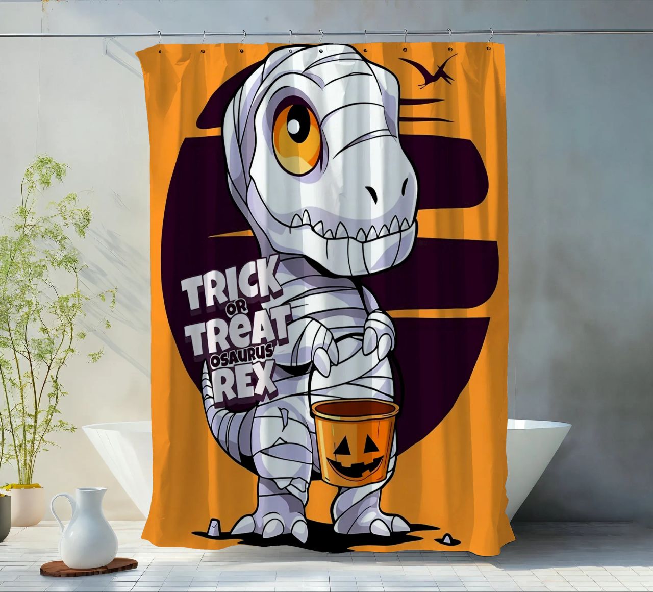 Truco o trato osaurus Rex cortina de baño de Delaplane