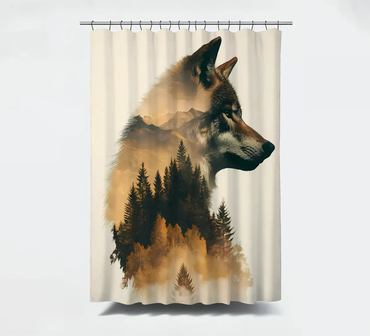 Wolf and Forest Double Exposure shower curtain by Ginnery
