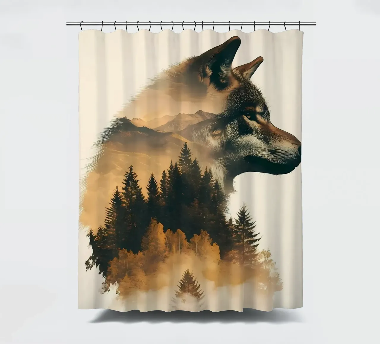 Wolf and Forest Double Exposure shower curtain by Ginnery