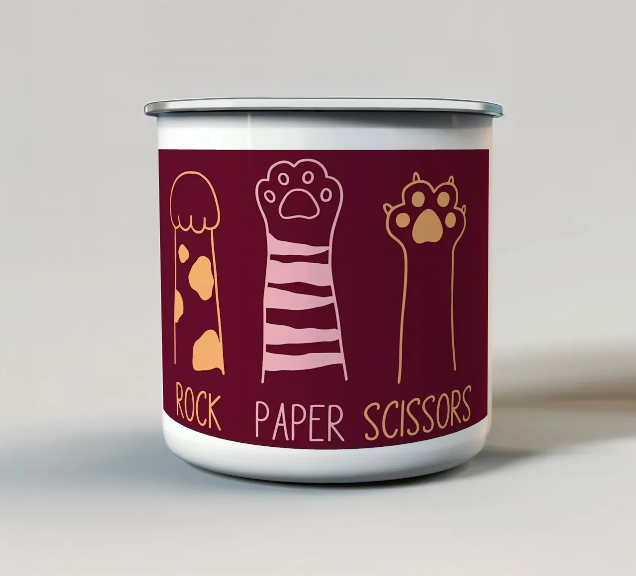 Gatto sasso carta forbice tazza in smalto da Delaplane