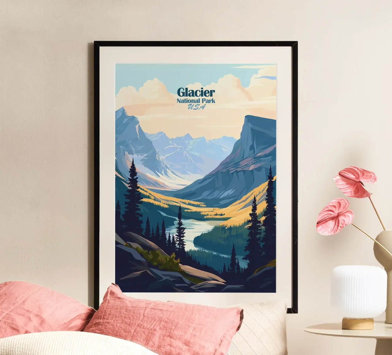 Parco nazionale dei ghiacciai poster con telaio in plastica da Ginnery