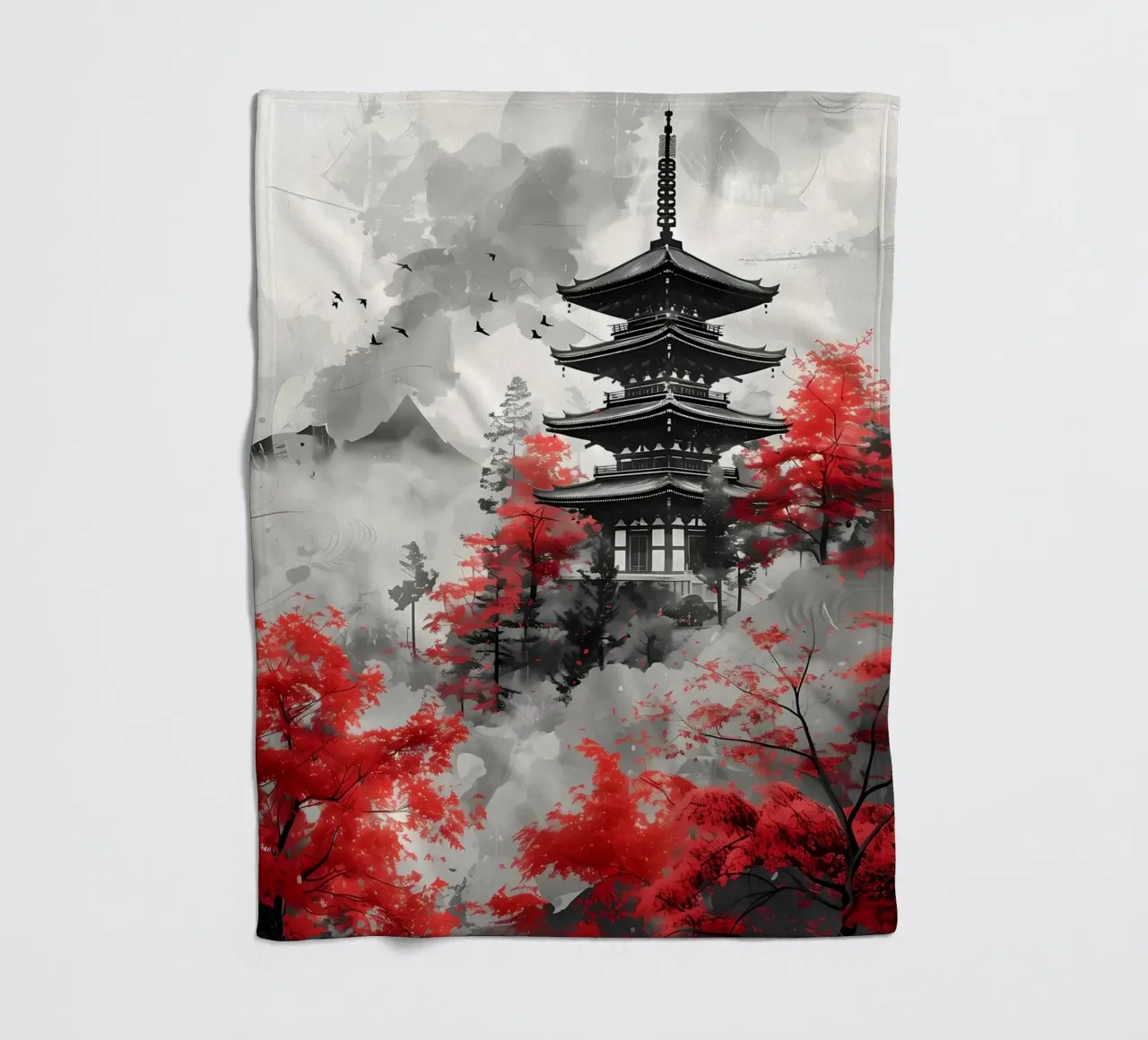 Red Japanese Painting fleece blanket by Mikesell