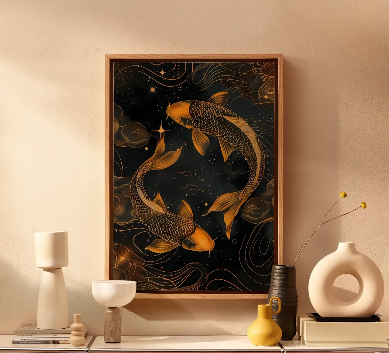 Pesce koi giapponese Yin Yang tela con Cornice a cassetta da Mikesell
