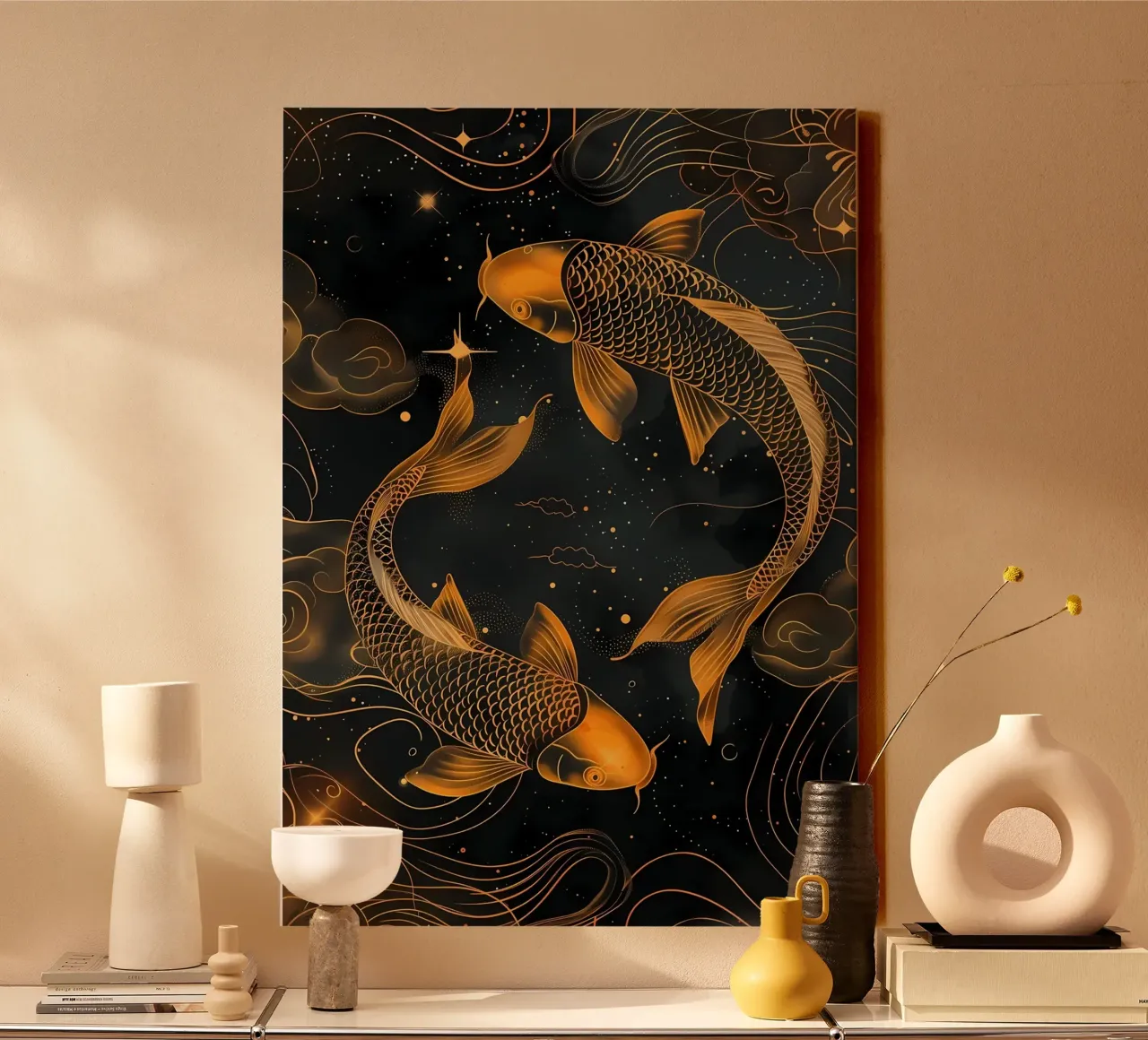 Pesce koi giapponese Yin Yang tela con Cornice a cassetta da Mikesell