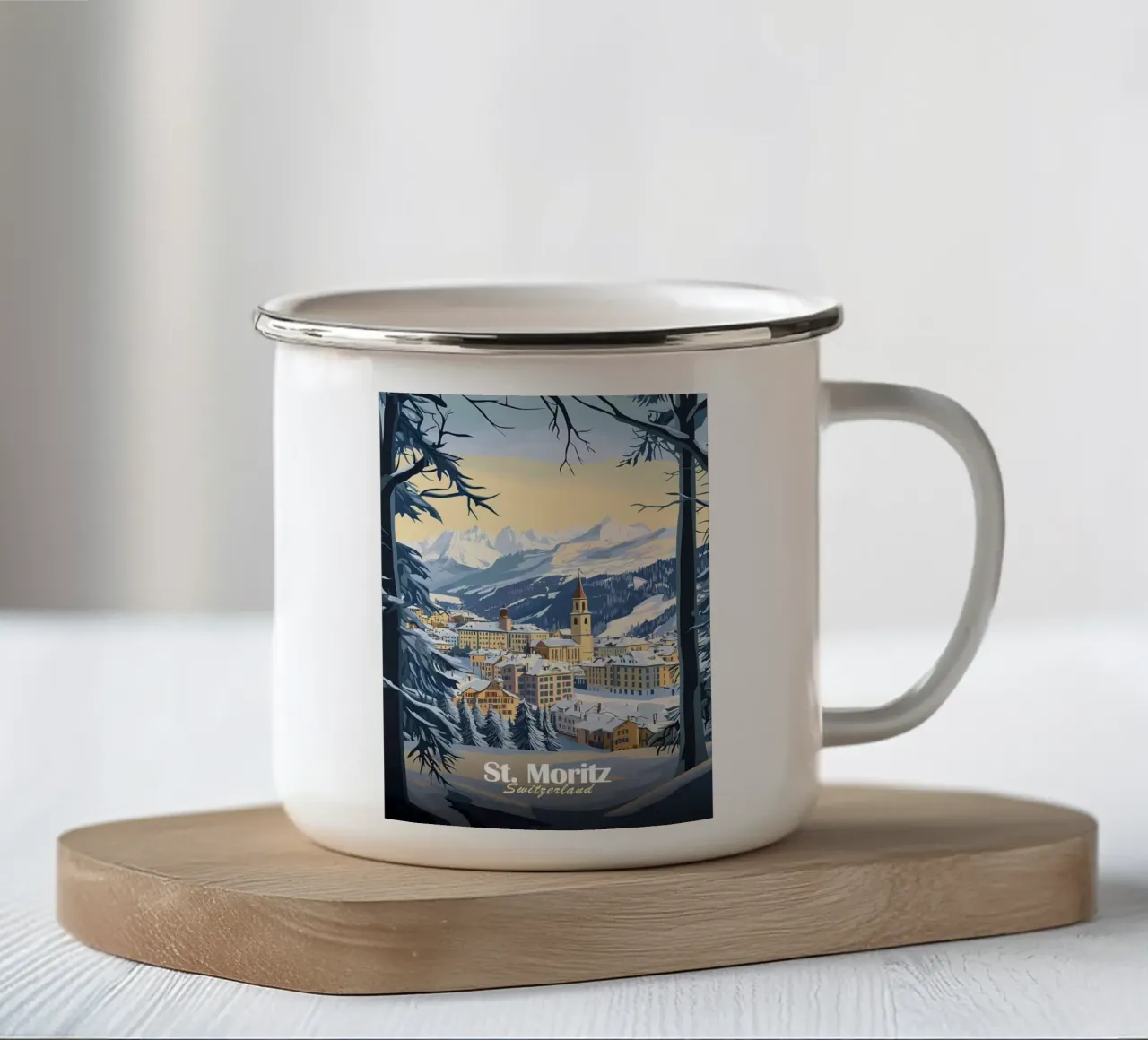 Paesaggio invernale di St. Moritz tazza in smalto da Ginnery