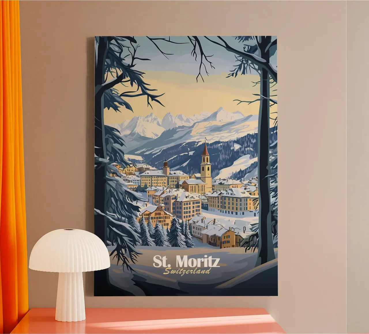 Paesaggio invernale di St. Moritz tela con Cornice a cassetta da Ginnery