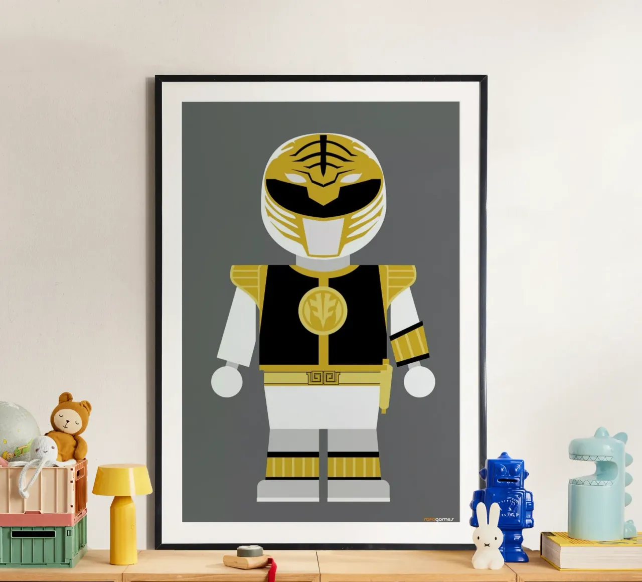 Power Ranger Toy White poster con telaio in alluminio da Rafa Gomes