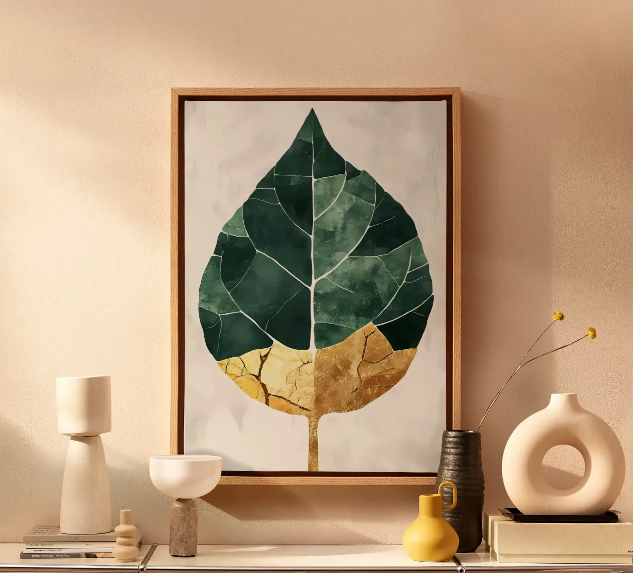 Bladgoud abstracte kunst canvas met Baklijst van Ginnery