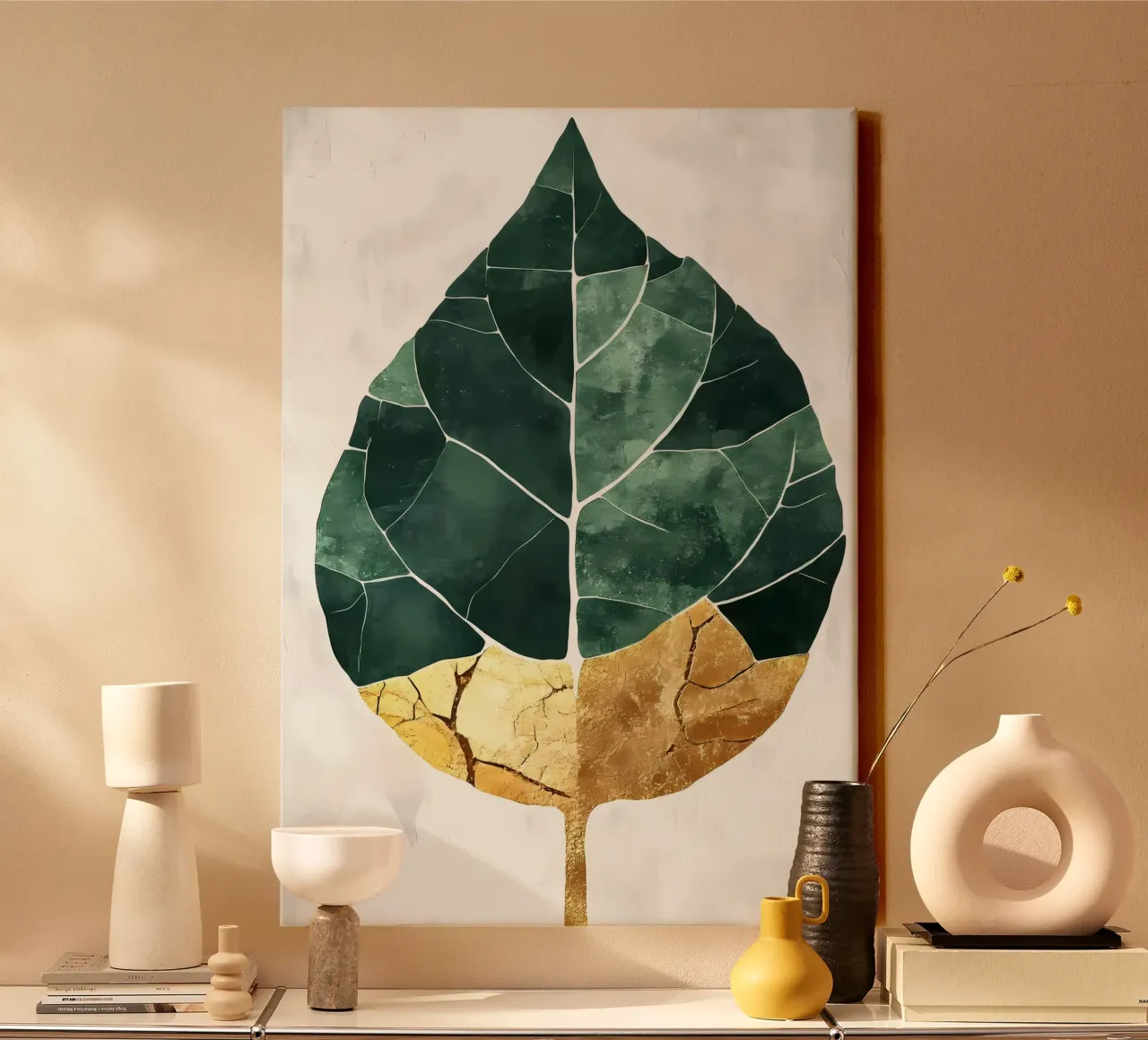 Bladgoud abstracte kunst canvas met Baklijst van Ginnery