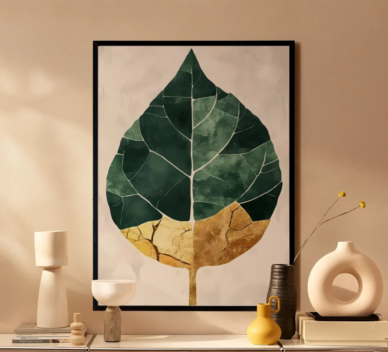 Bladgoud abstracte kunst poster met aluminium frame van Ginnery