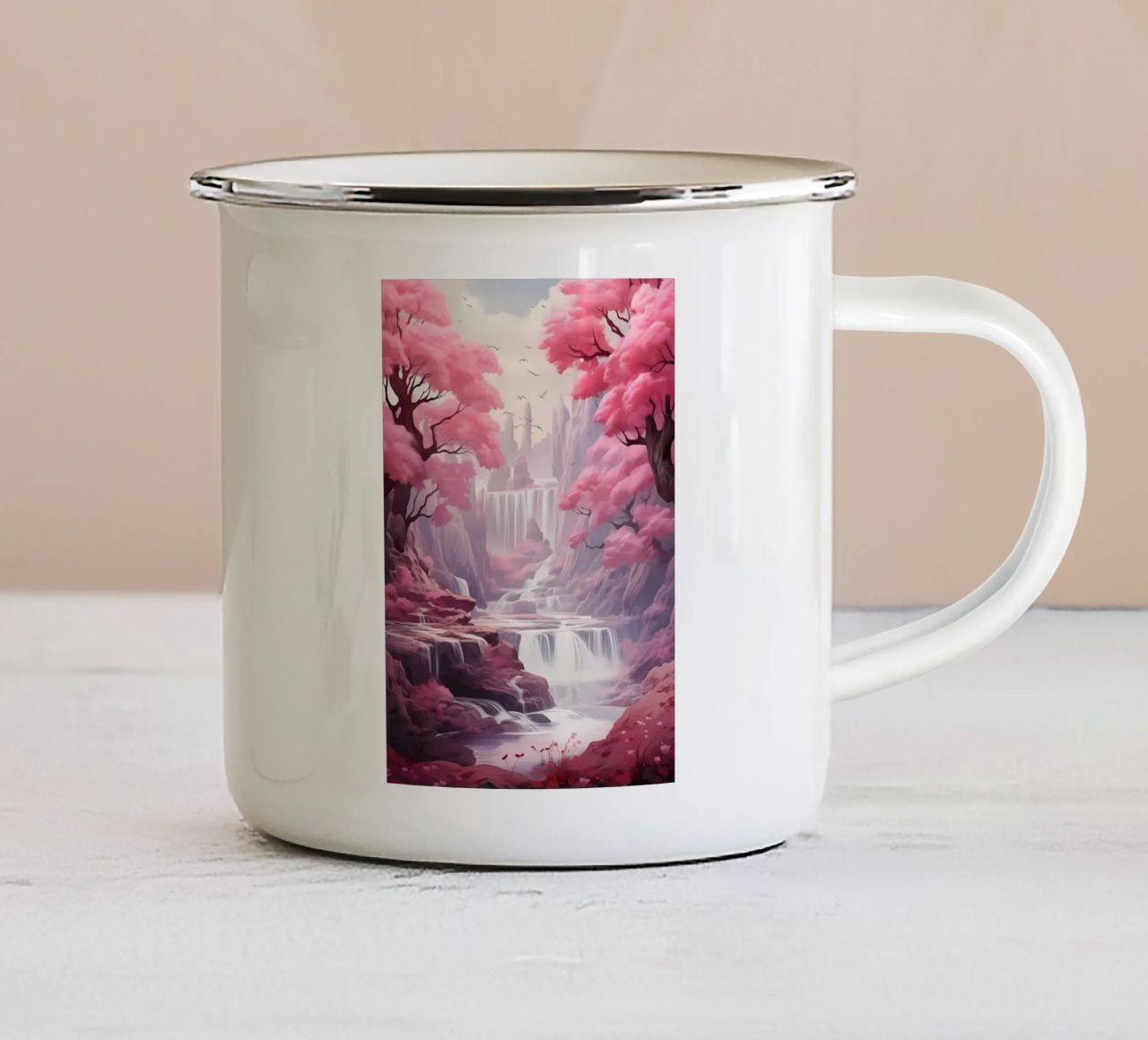 Waterfall Sakura Trees tazza in smalto da Mikesell