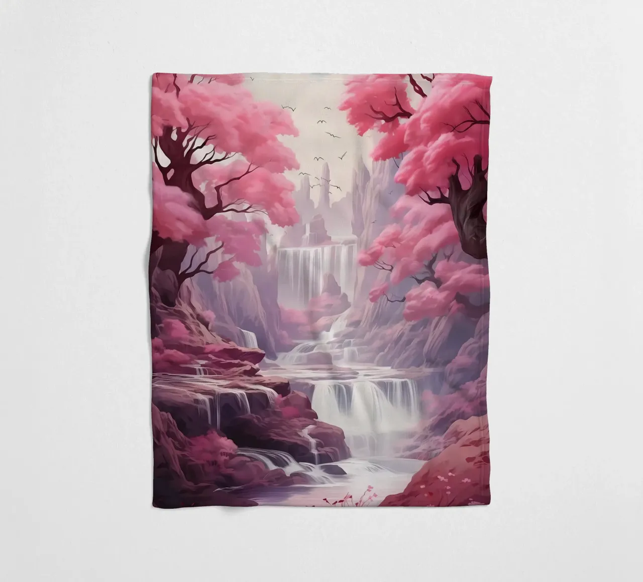 Waterfall Sakura Trees fleece blanket by Mikesell