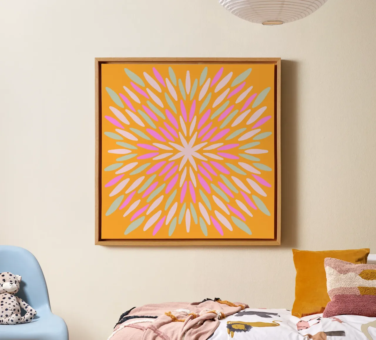 Petal burst - arancio, rosa e menta tela con Cornice a cassetta da Wackapacka