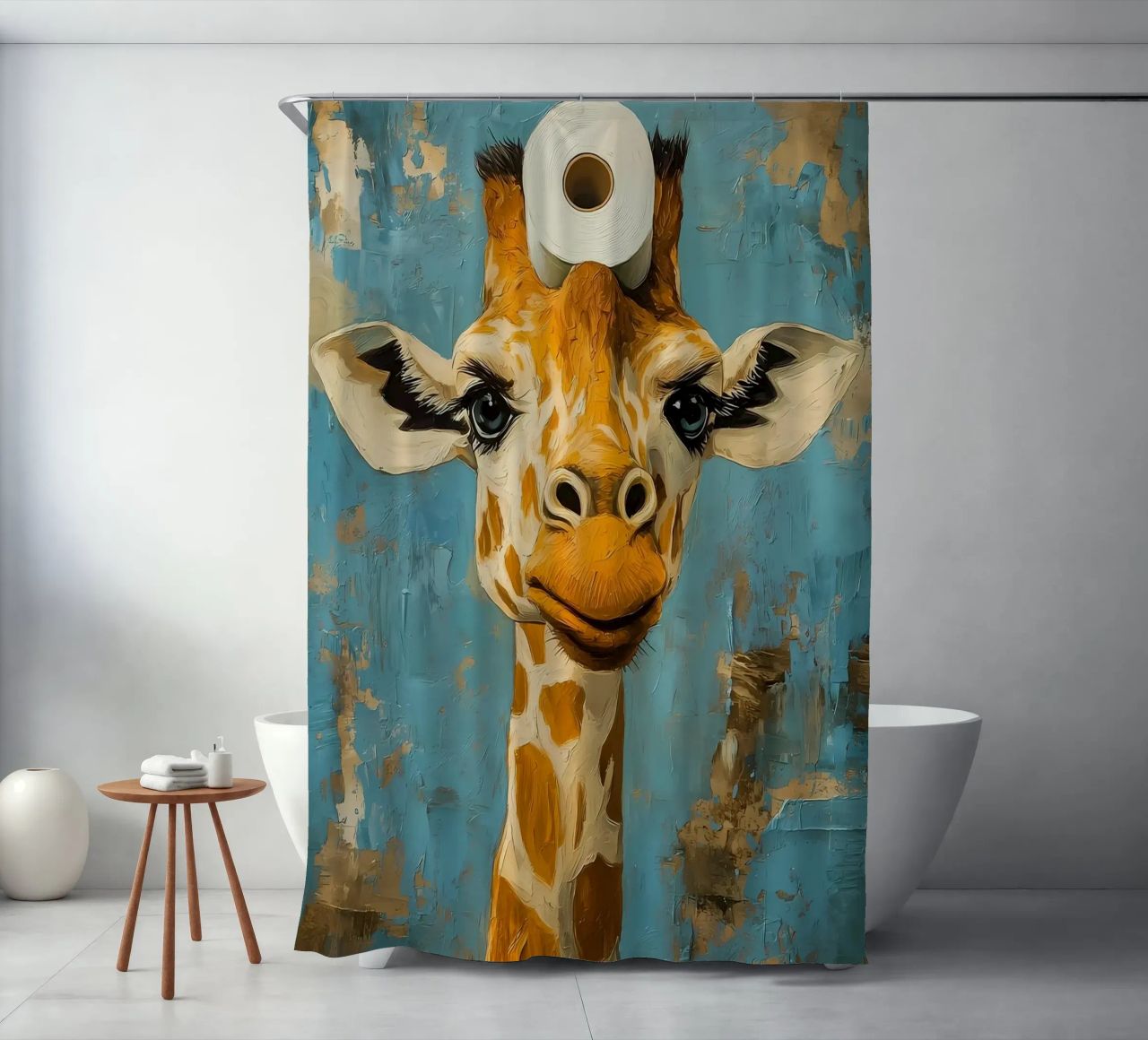 Giraffe mit Toilettenpapier Duschvorhang von Ginnery