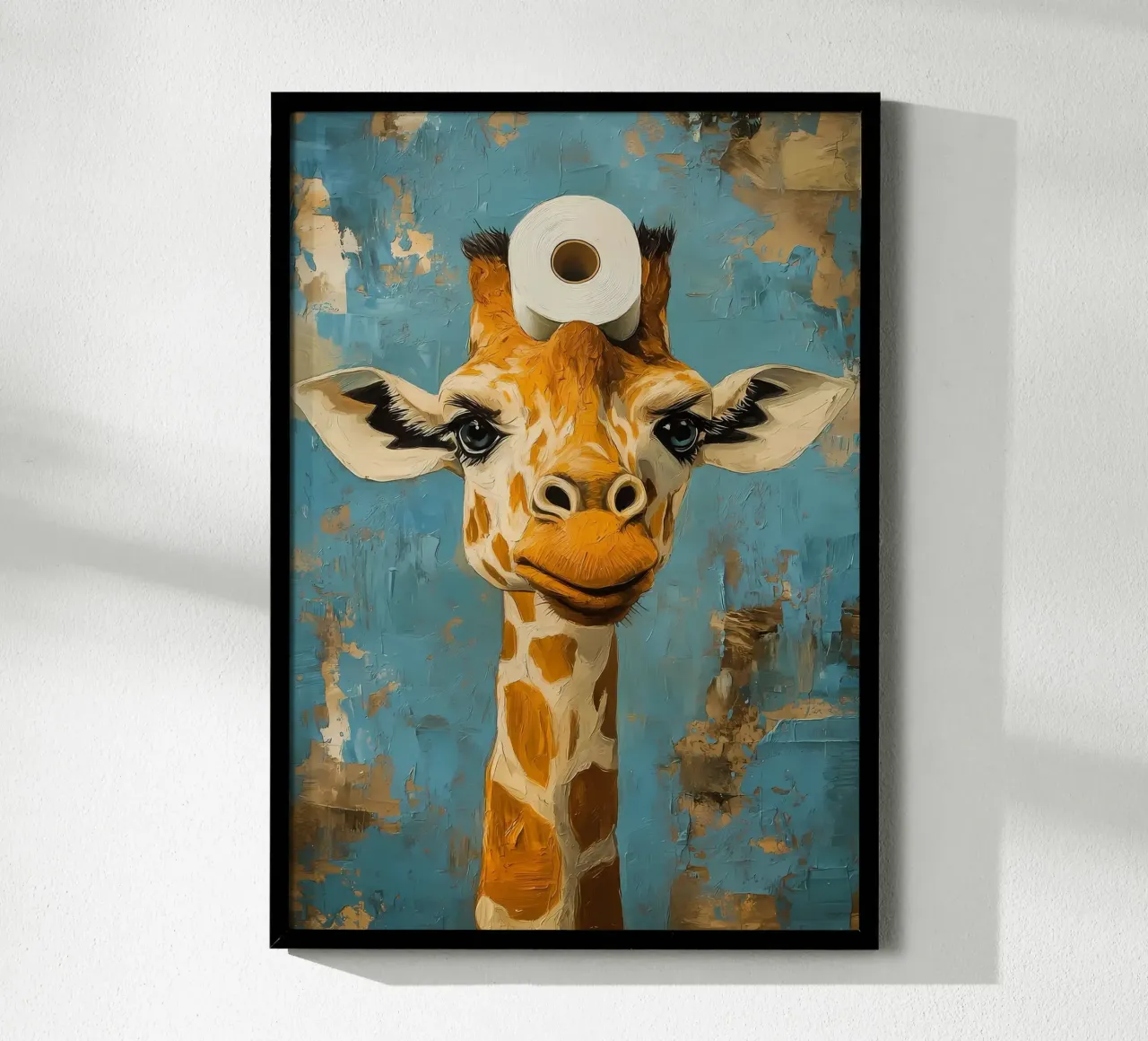 Giraffa con carta igienica poster con telaio in plastica da Ginnery