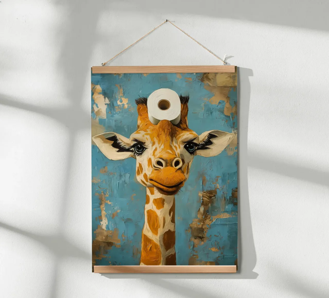 Giraffa con carta igienica poster con telaio in plastica da Ginnery