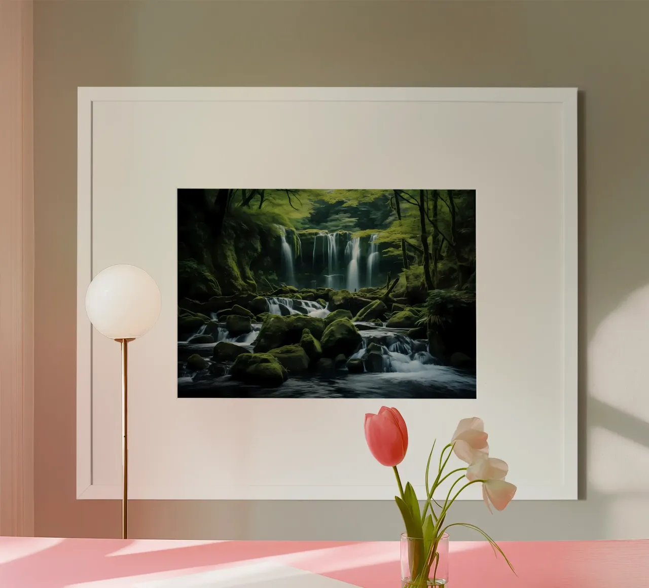 Cascata nella natura della foresta poster con telaio in legno da Mikesell
