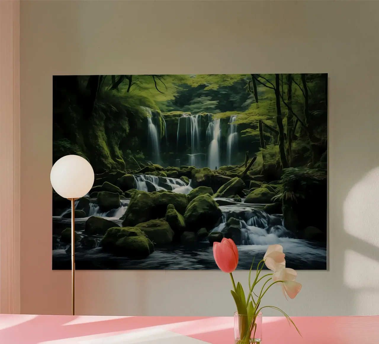 Cascata nella natura della foresta poster con telaio in legno da Mikesell