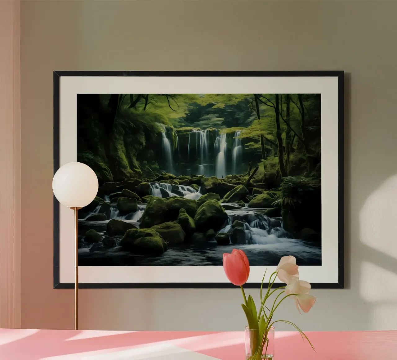 Cascata nella natura della foresta poster con telaio in legno da Mikesell