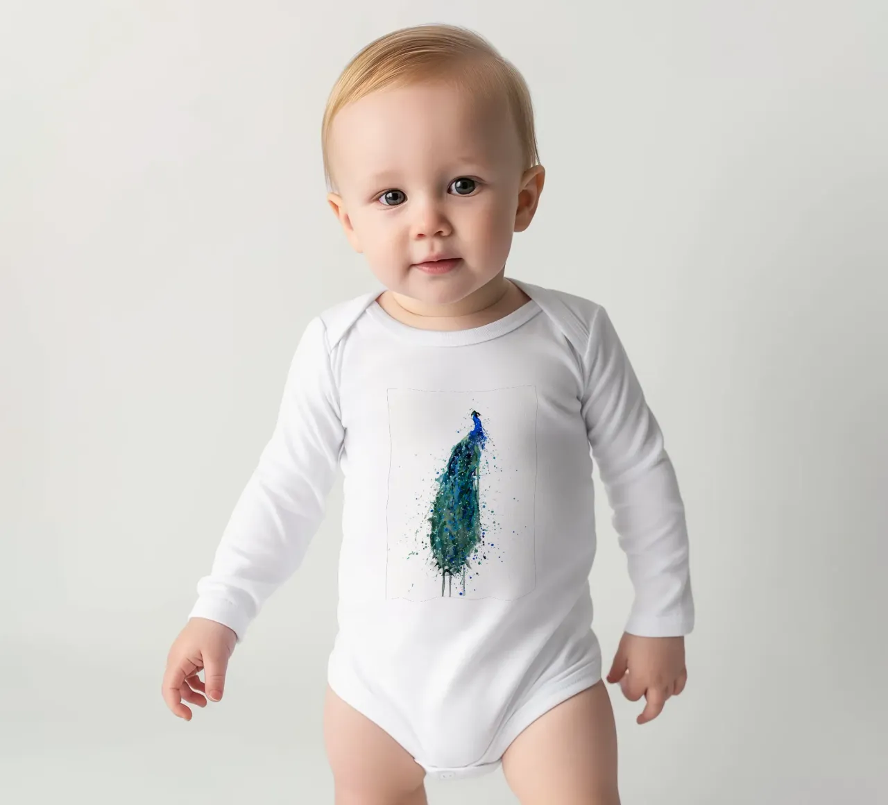 Peacock long-sleeve baby romper by Allaire