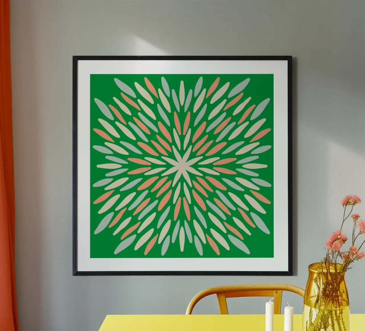 Scoppio di petali - verde, arancione, blu poster con telaio in alluminio da Wackapacka