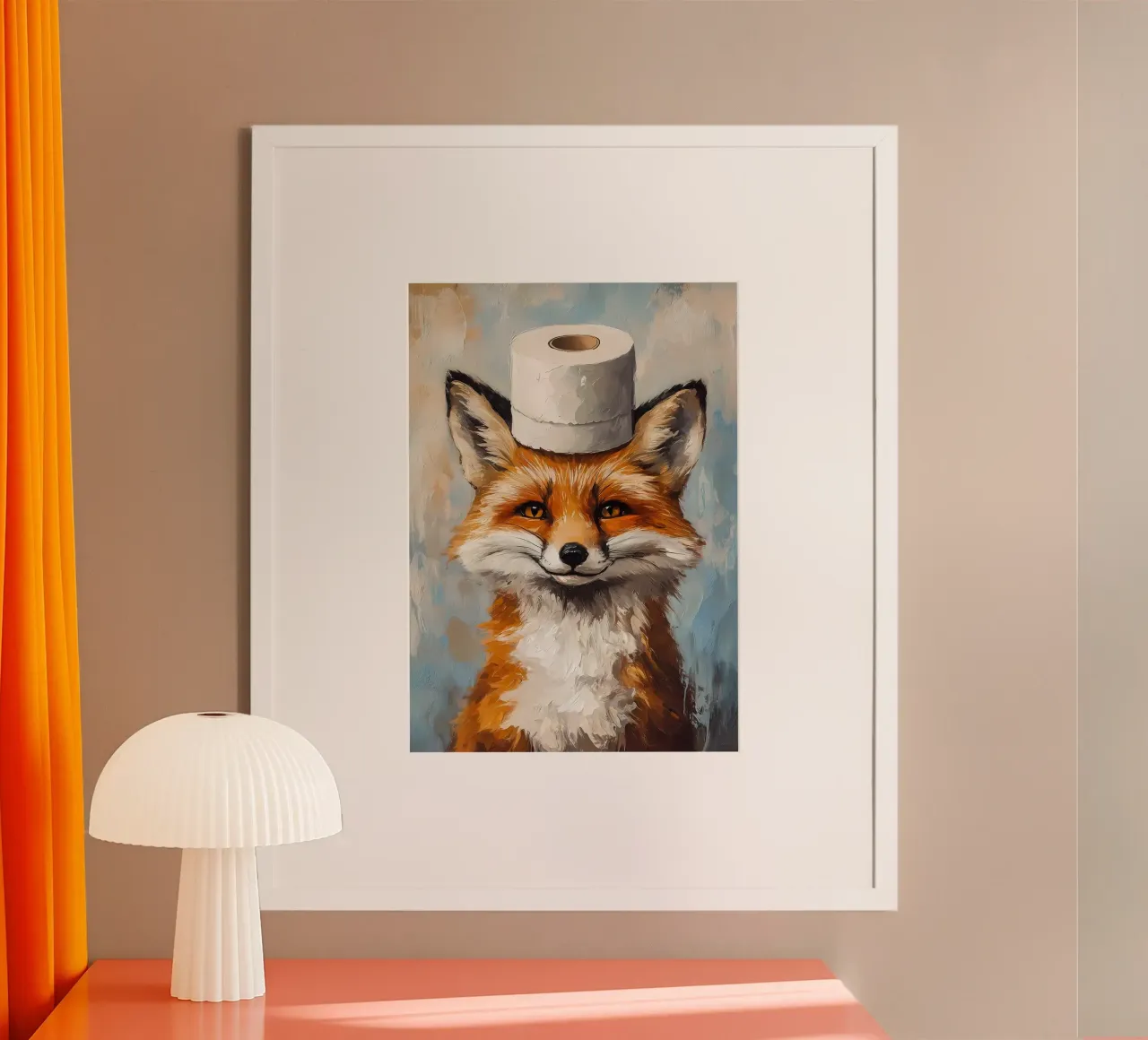 Volpe con cappello di carta igienica poster con telaio in alluminio da Ginnery