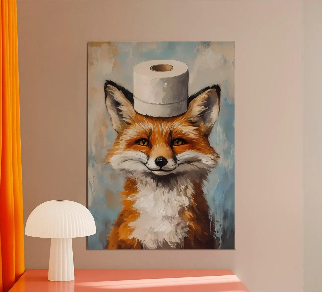 Volpe con cappello di carta igienica poster con telaio in alluminio da Ginnery