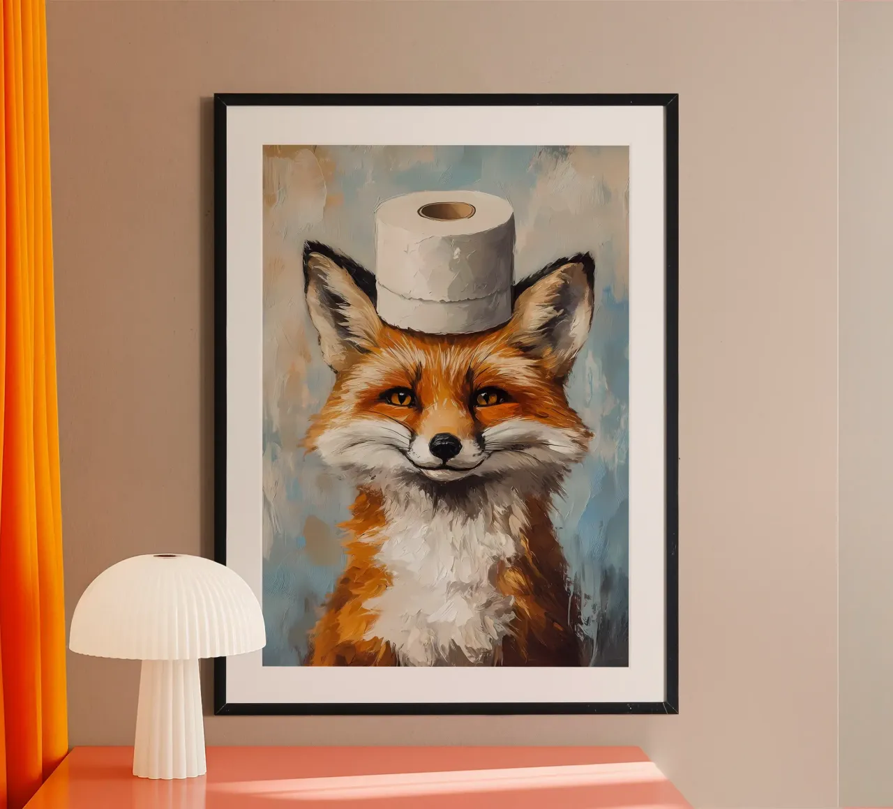 Volpe con cappello di carta igienica poster con telaio in alluminio da Ginnery