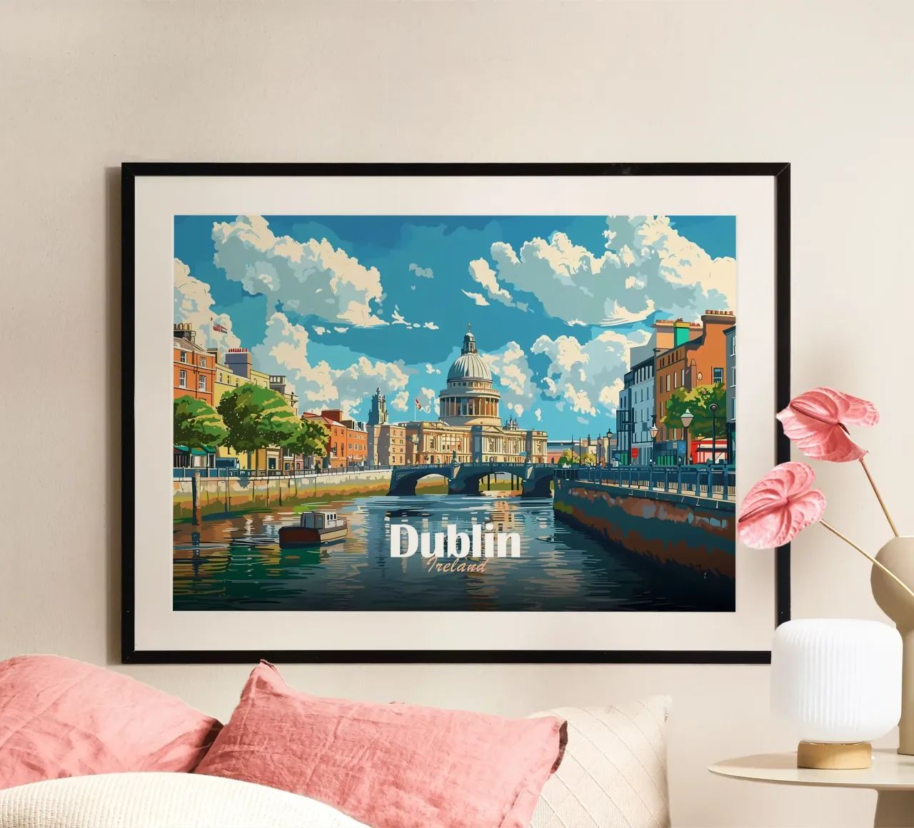 Paesaggio urbano di Dublino poster con telaio in alluminio da Ginnery