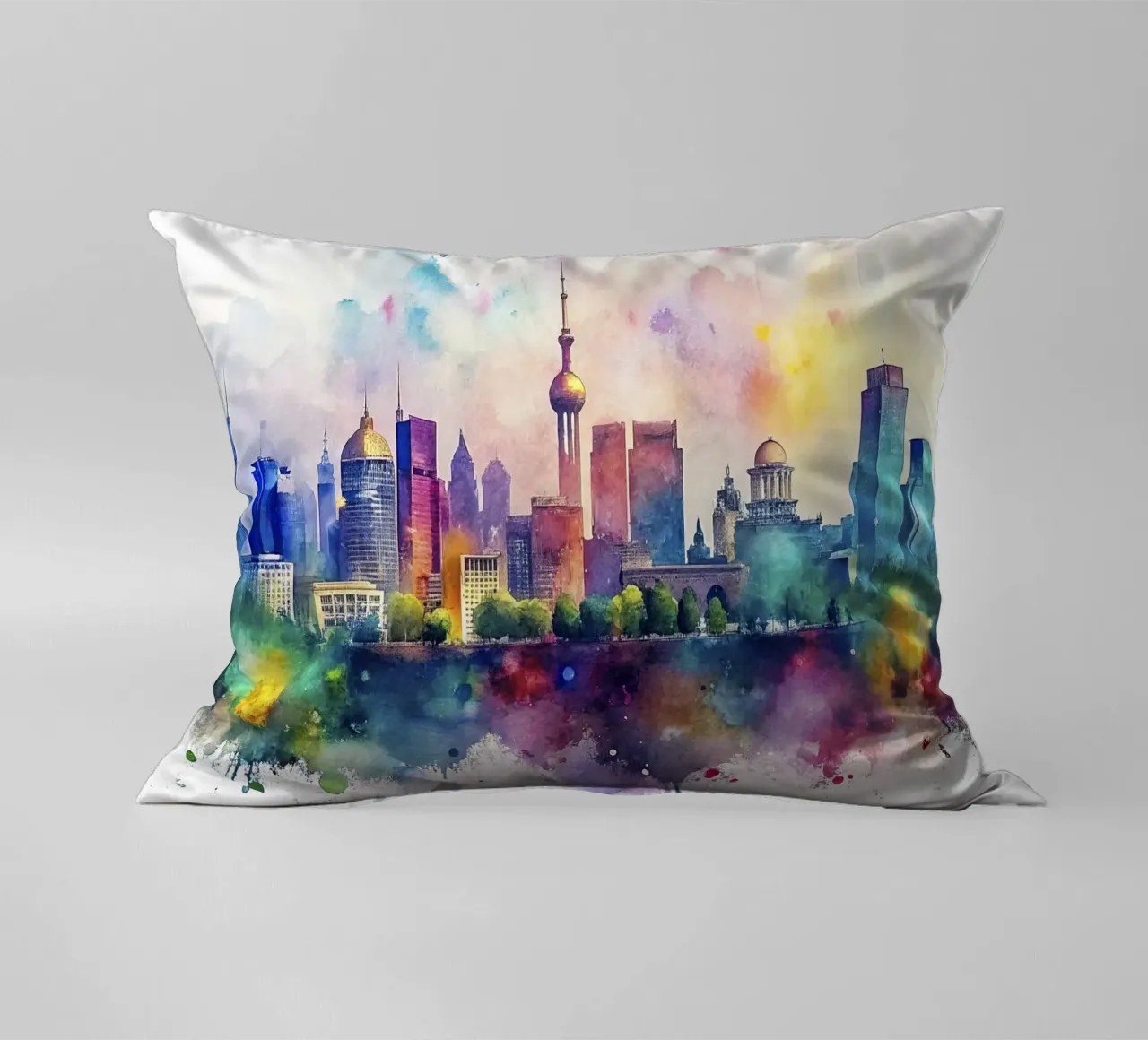 skyline di kyiv in acquerello cuscino da ARTVI-SHOP