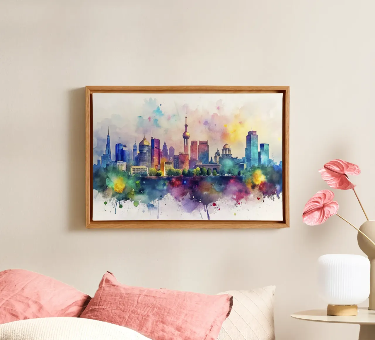 skyline di kyiv in acquerello tela con Cornice a cassetta da 🎁 ARTVI-SHOP