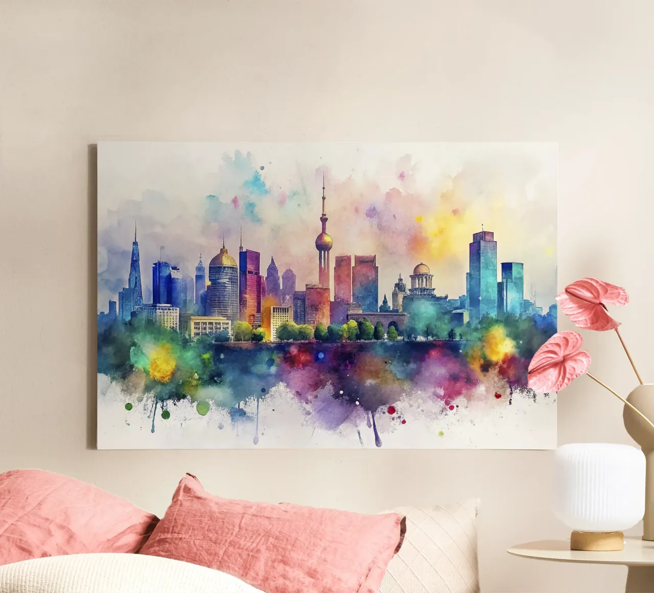 skyline di kyiv in acquerello tela con Cornice a cassetta da 🎁 ARTVI-SHOP