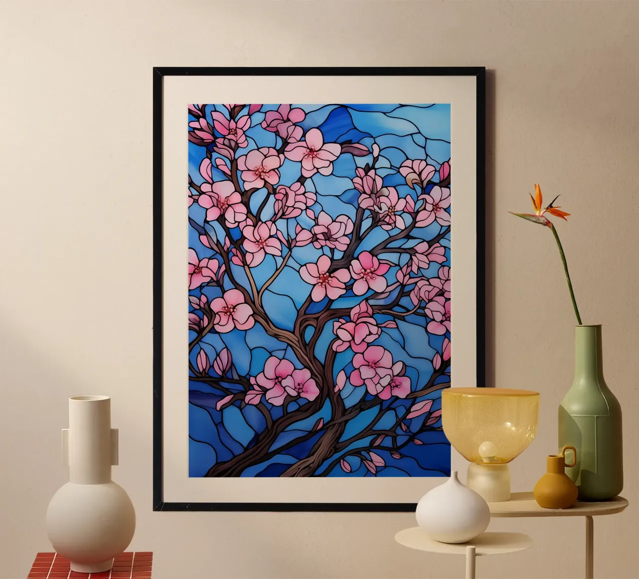 Arte del fiore di sakura giapponese poster con telaio in legno da Mikesell