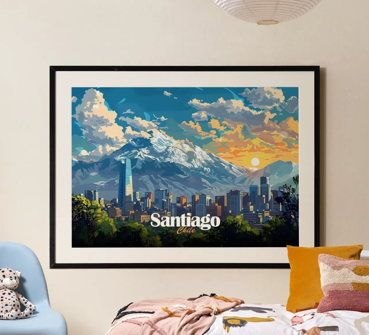 Skyline di Santiago del Cile poster con telaio in alluminio da Ginnery