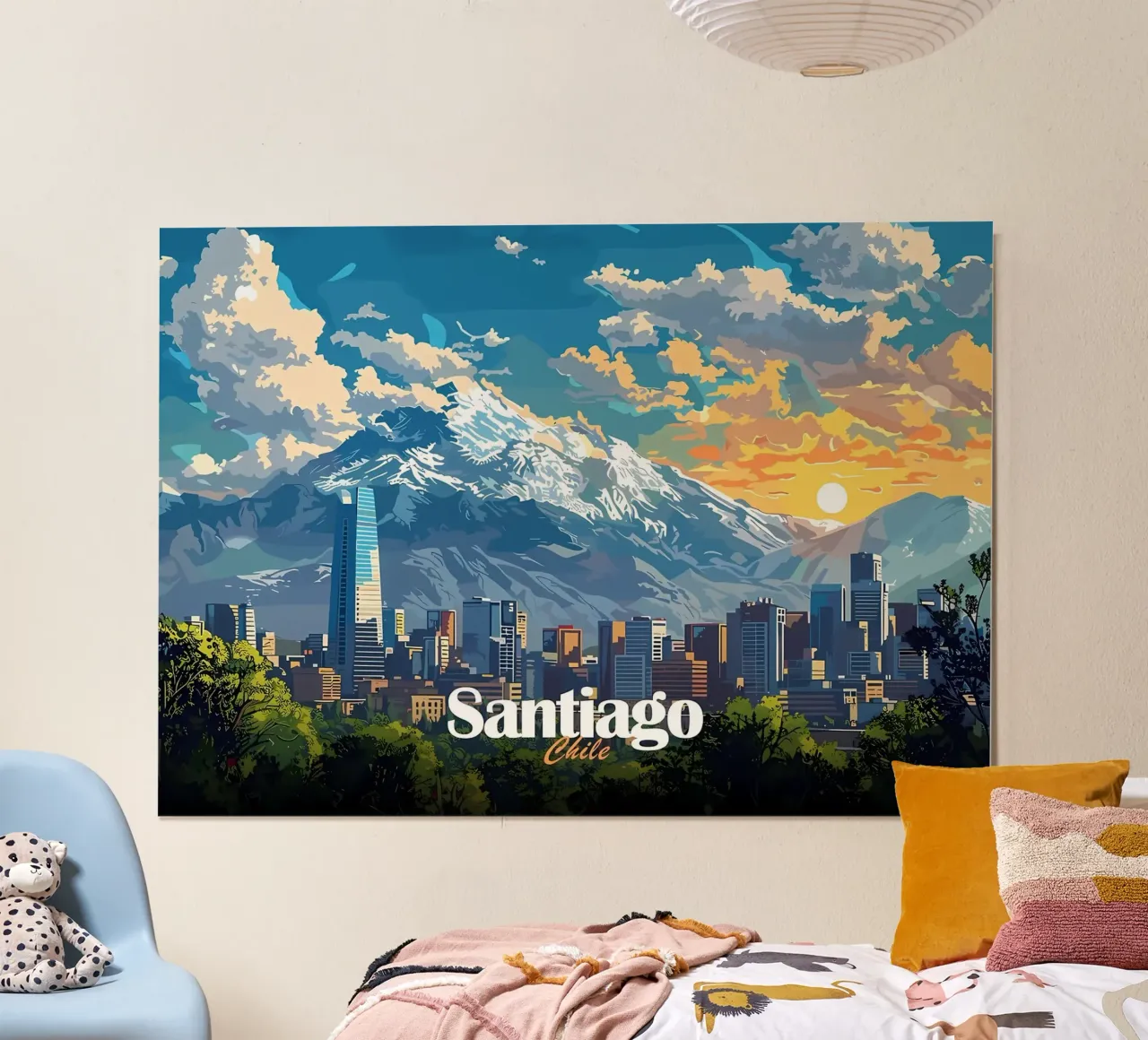 Skyline di Santiago del Cile poster con telaio in alluminio da Ginnery