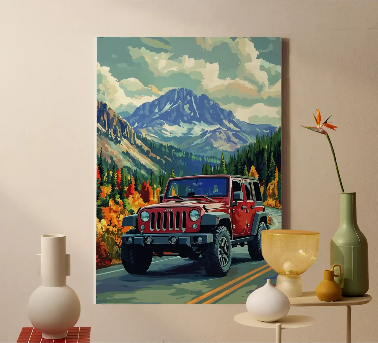 Jeep nel paesaggio montano tela con Cornice a cassetta da Ginnery