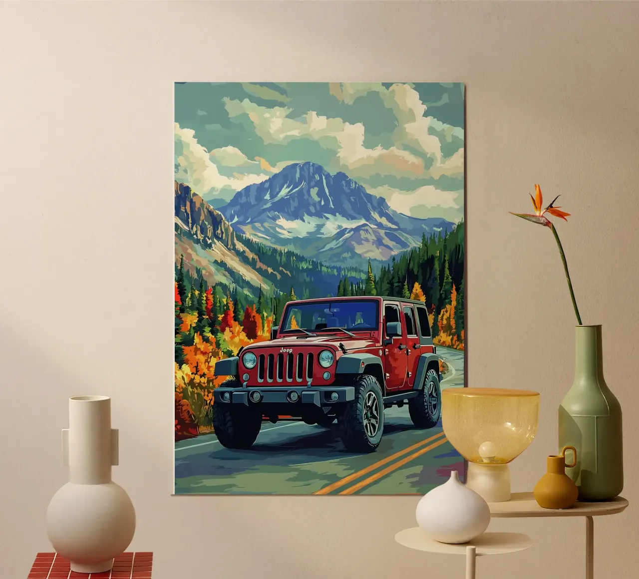 Jeep nel paesaggio montano poster da Ginnery