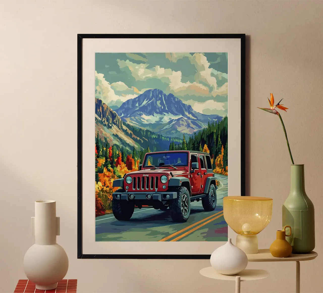 Jeep nel paesaggio montano poster da Ginnery